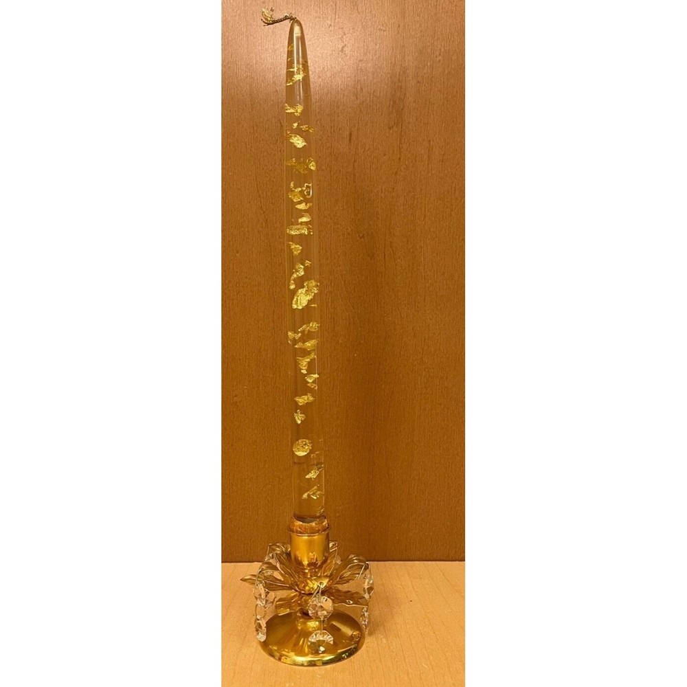 Lucite Candle Clear Gold Fleck Single Gold Plated Crystal-like Bead Holder MCM